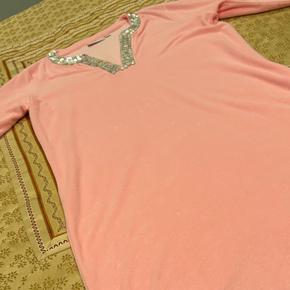 Quacker Factory Robe Pink Terry Cloth with Silver Button Accents, Maxi Length, L